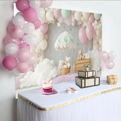 Lofaris Pastel Teddy Bear Hot Air Balloon Baby Shower Backdrop with Clouds and Stars, Dreamy Photography Background for Newborns
