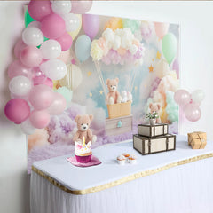 Lofaris Pastel Teddy Bear Baby Shower Backdrop with Balloons and Clouds, Dreamy Party Decor for Newborn Photoshoot