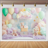 Lofaris Pastel Teddy Bear Baby Shower Backdrop with Balloons and Clouds, Dreamy Party Decor for Newborn Photoshoot