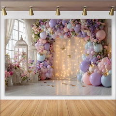 Lofaris Pastel Floral Balloon Photography Backdrop with Golden Butterflies, Elegant Studio Background for Party Decoration and Photoshoot