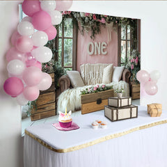 Lofaris Pink Floral 1st Birthday Backdrop with Rustic Wood and Macrame, Elegant Photography Background for Baby Girl Cake Smash Party