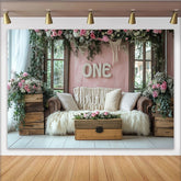 Lofaris Pink Floral 1st Birthday Backdrop with Rustic Wood and Macrame, Elegant Photography Background for Baby Girl Cake Smash Party