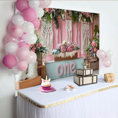 Lofaris Pink Floral First Birthday Backdrop with Macrame and Wooden Crates, Boho Style Photography Background for Cake Smash
