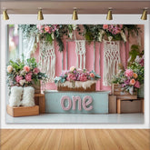 Lofaris Pink Floral First Birthday Backdrop with Macrame and Wooden Crates, Boho Style Photography Background for Cake Smash