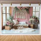 Lofaris Pink Floral Macrame 1st Birthday Backdrop for Girl, Elegant Photo Background for Cake Smash and Studio Photography.