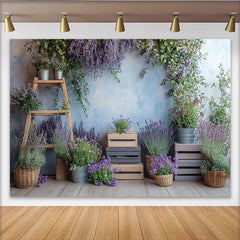 Lofaris Lavender Floral Photography Backdrop with Rustic Wood and Blue Wall, Natural Greenery Studio Background for Portrait Photoshoot