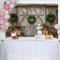 Lofaris Rustic Wooden Barn Door Christmas Backdrop with Green Wreaths, Elegant Winter Holiday Background for Studio Photography