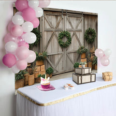 Lofaris Rustic Wooden Barn Door Christmas Backdrop with Green Wreaths, Elegant Winter Holiday Background for Studio Photography