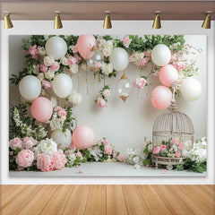 Lofaris Elegant Pink and White Floral Photography Backdrop with Balloons, Beautiful Studio Background for Portrait and Event Decor