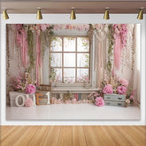 Lofaris Pink Floral First Birthday Backdrop with Rustic Window and ONE Letters, Beautiful Photography Background for Baby Girl Cake Smash