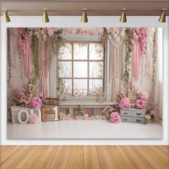 Lofaris Pink Floral First Birthday Backdrop with Rustic Window and ONE Letters, Beautiful Photography Background for Baby Girl Cake Smash
