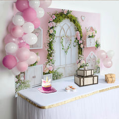 Lofaris Pink Floral Garden Arch Photography Backdrop with Green Moss and Roses, Romantic Studio Background for Portrait Photoshoot