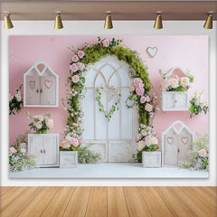 Lofaris Pink Floral Garden Arch Photography Backdrop with Green Moss and Roses, Romantic Studio Background for Portrait Photoshoot