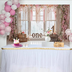 Lofaris Pink Floral 1st Birthday Backdrop with Macrame and Window, Rustic Boho Photography Background for Baby Girl Photoshoot and Party Decor