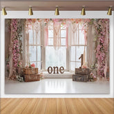 Lofaris Pink Floral 1st Birthday Backdrop with Macrame and Window, Rustic Boho Photography Background for Baby Girl Photoshoot and Party Decor