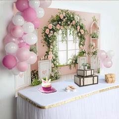 Lofaris Pink Floral Window Photography Backdrop with Green Vines and Roses, Elegant Studio Background for Portrait Photoshoot