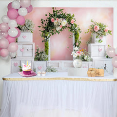 Lofaris Pink Floral Baby Shower Backdrop with White Arch and Hearts, Elegant Photography Background for Girl Party Decoration