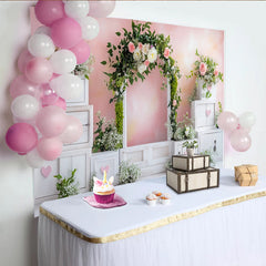 Lofaris Pink Floral Baby Shower Backdrop with White Arch and Hearts, Elegant Photography Background for Girl Party Decoration