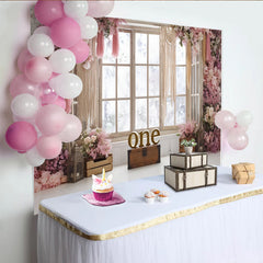 Lofaris Pink Floral 1st Birthday Backdrop with Rustic Window and Macrame, Elegant Photo Booth Background for Baby Girl Party Decor