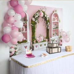 Lofaris Pink Floral Arch Photography Backdrop with Green Moss and White Roses, Elegant Studio Background for Wedding Engagement
