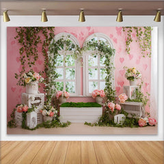 Lofaris Pink Floral Photography Backdrop with Arched Windows and Ivy, Romantic Garden Photo Background for Studio Portrait and Event Decor