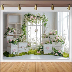 Lofaris Rustic Floral Window Photography Backdrop with Pink Roses and Greenery, Elegant Studio Background for Romantic Photoshoot