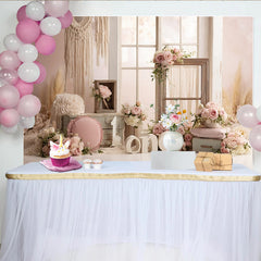 Lofaris Pink Floral 1st Birthday Backdrop with Rustic Window and Macrame, Elegant Rose Gold Party Background for Baby Girl Photoshoot