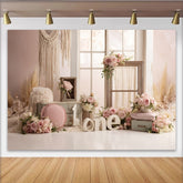 Lofaris Pink Floral 1st Birthday Backdrop with Rustic Window and Macrame, Elegant Rose Gold Party Background for Baby Girl Photoshoot