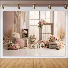 Lofaris Pink Floral 1st Birthday Backdrop with Rustic Window and Macrame, Elegant Rose Gold Party Background for Baby Girl Photoshoot
