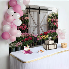 Lofaris Rustic Flower Market Photography Backdrop with White Barn Door and Colorful Flowers, Studio Background for Spring Photoshoot