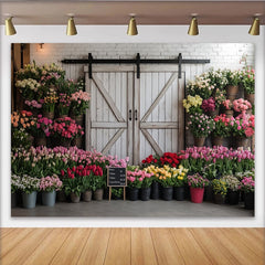 Lofaris Rustic Flower Market Photography Backdrop with White Barn Door and Colorful Flowers, Studio Background for Spring Photoshoot