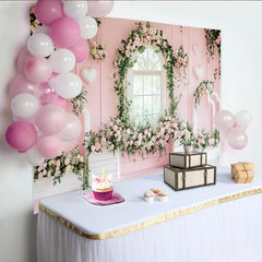 Lofaris Pink Floral Window Photography Backdrop with Roses and Green Vines, Elegant Studio Background for Romantic Photoshoot and Party Decor