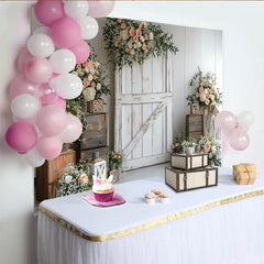 Lofaris Rustic White Barn Door Floral Photography Backdrop with Peach Roses and Greenery, Elegant Studio Background for Wedding Event
