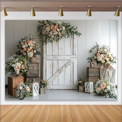 Lofaris Rustic White Barn Door Floral Photography Backdrop with Peach Roses and Greenery, Elegant Studio Background for Wedding Event