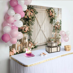 Lofaris Rustic Barn Door Floral Photography Backdrop with Pink Roses and Greenery, Elegant Wedding Photo Background