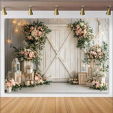 Lofaris Rustic Barn Door Floral Photography Backdrop with Pink Roses and Greenery, Elegant Wedding Photo Background