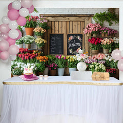 Lofaris Rustic Flower Shop Photography Backdrop with Welcome Sign, Floral Decor and White Brick Wall Background for Photoshoot