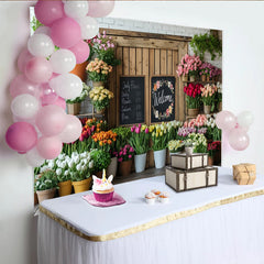 Lofaris Rustic Flower Shop Photography Backdrop with Welcome Sign, Floral Decor and White Brick Wall Background for Photoshoot