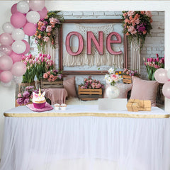 Lofaris Elegant Pink Floral ONE 1st Birthday Backdrop with White Brick Wall and Macrame, Party Decor Background for Cake Smash