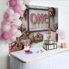 Lofaris Elegant Pink Floral ONE 1st Birthday Backdrop with White Brick Wall and Macrame, Party Decor Background for Cake Smash