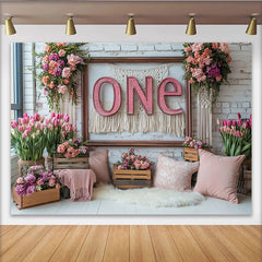 Lofaris Elegant Pink Floral ONE 1st Birthday Backdrop with White Brick Wall and Macrame, Party Decor Background for Cake Smash