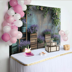 Lofaris Rustic Lavender Floral Photography Backdrop with Wooden Crates and Green Vines, Natural Studio Background for Portrait Photoshoot