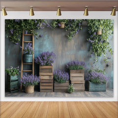 Lofaris Rustic Lavender Floral Photography Backdrop with Wooden Crates and Green Vines, Natural Studio Background for Portrait Photoshoot