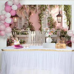 Lofaris Pink Floral Garden Photography Backdrop with White Picket Fence and Wooden Floor, Romantic Spring Photo Background for Studio Portrait