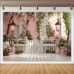 Lofaris Pink Floral Garden Photography Backdrop with White Picket Fence and Wooden Floor, Romantic Spring Photo Background for Studio Portrait
