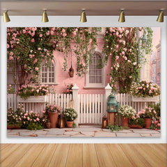 Lofaris Charming Pink House Photography Backdrop with Climbing Roses and White Fence, Romantic Floral Garden Background for Spring Photoshoot