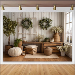 Lofaris Rustic Farmhouse Photography Backdrop with White Wood Wall and Eucalyptus Wreaths, Natural Studio Background for Portrait Photoshoot