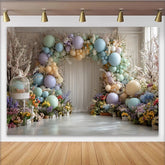 Lofaris Pastel Floral Balloon Photography Backdrop with Spring Flowers and Birdcage, Elegant Studio Background for Photoshoot Party Decor