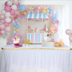 Lofaris Pastel Candy Cart Birthday Backdrop with Balloons and Lollipops, Sweet Shop Photography Background for Kids Party Decor