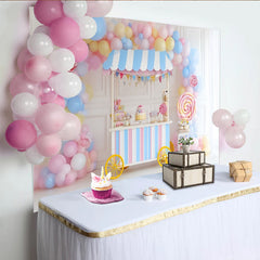 Lofaris Pastel Candy Cart Birthday Backdrop with Balloons and Lollipops, Sweet Shop Photography Background for Kids Party Decor